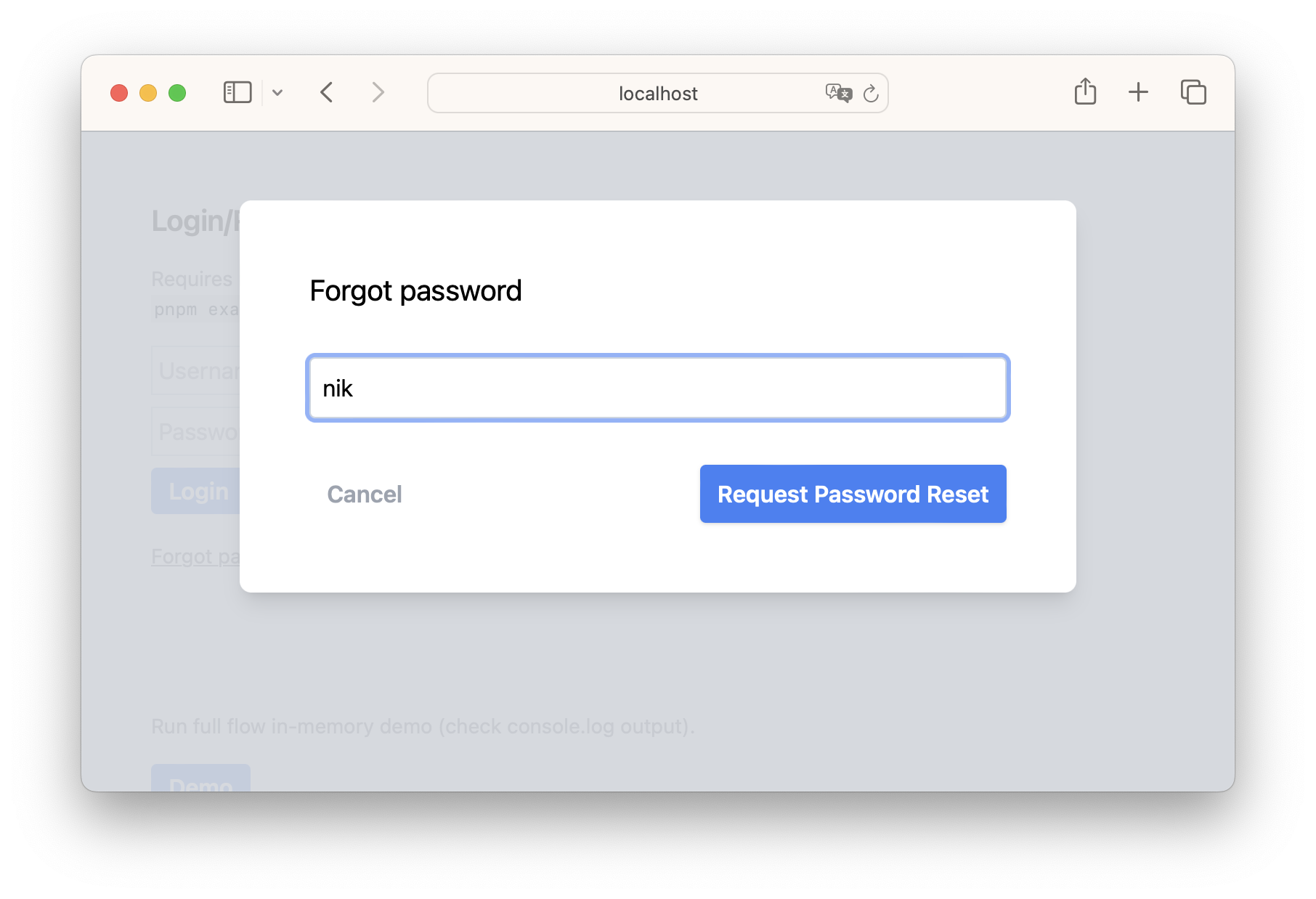 Screenshot of the Forgot Password form showing on username input field